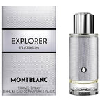 The product image shows the Montblanc Explorer Platinum Eau de Parfum for men in a 30ml spray bottle, with packaging displaying the name and the word 'EXPLORER' in bold.