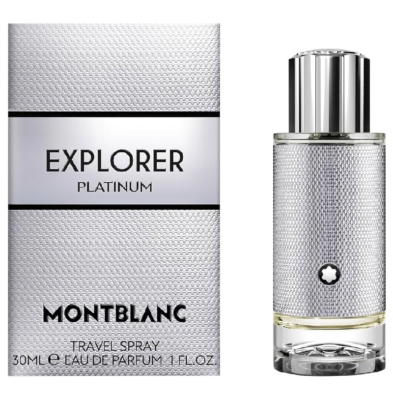 The product image shows the Montblanc Explorer Platinum Eau de Parfum for men in a 30ml spray bottle, with packaging displaying the name and the word 'EXPLORER' in bold.