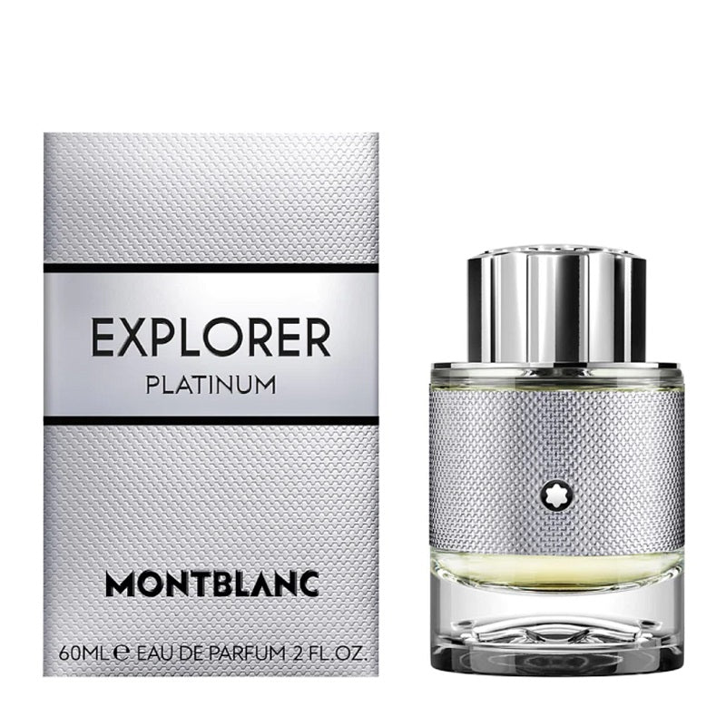 A product image featuring Montblanc Explorer Platinum Men's Eau de Parfum. The image shows the perfume bottle with a clear liquid and the product packaging box.