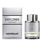 A product image featuring Montblanc Explorer Platinum Men's Eau de Parfum. The image shows the perfume bottle with a clear liquid and the product packaging box.