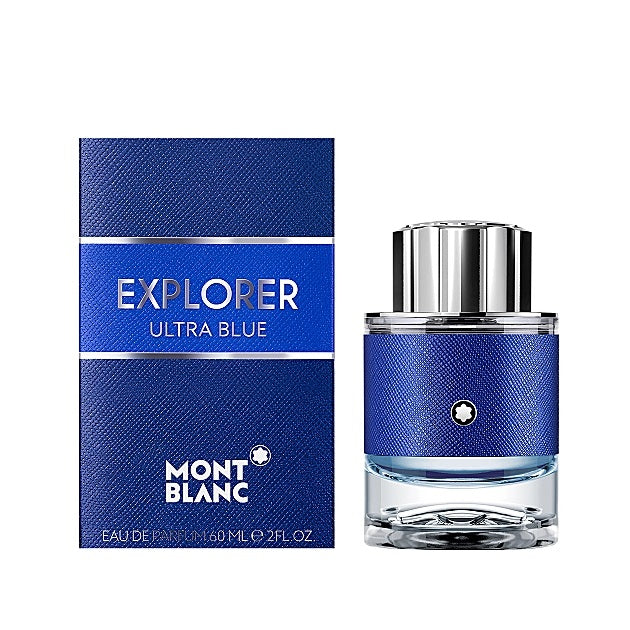 A product image featuring Mont Blanc Explorer Ultra Blue Eau de Parfum. The image shows the perfume bottle with a blue liquid and the accompanying box, both with the Mont Blanc logo and the product name.