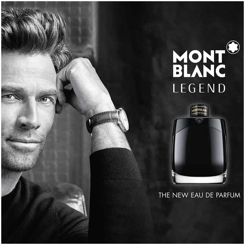 Montblanc Legend Men 100ml Eau de Parfum lifestyle image inspired by violet leaves, rich woods, leather and confident contemporary masculinity.