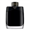 A black bottle of Mont Blanc Legend Men Eau de Parfum with a clear glass decanter and a gold cap.
