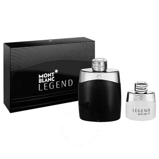 A gift set of Mont Blanc Legend and Legend Spirit perfumes, including a 100ml bottle of Legend and a 30ml bottle of Legend Spirit, presented with their respective packaging.