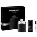 Mont Blanc Legend Men's gift set, including a 100ml eau de toilette spray bottle, a 7.5ml travel spray, and a 75ml deodorant stick, all packaged in a black box with the Mont Blanc logo.