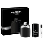 Mont Blanc Legend Men's gift set, including a 100ml eau de toilette spray bottle, a 7.5ml travel spray, and a 75ml deodorant stick, all packaged in a black box with the Mont Blanc logo.