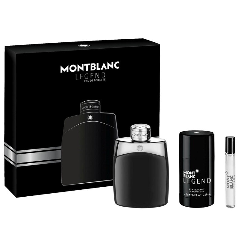 Mont Blanc Legend Men's gift set, including a 100ml eau de toilette spray bottle, a 7.5ml travel spray, and a 75ml deodorant stick, all packaged in a black box with the Mont Blanc logo.