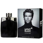 Montblanc Legend Men 100ml 3 Piece Gift Set Eau de Toilette opened to display the fragrance and included grooming products on a white background.
