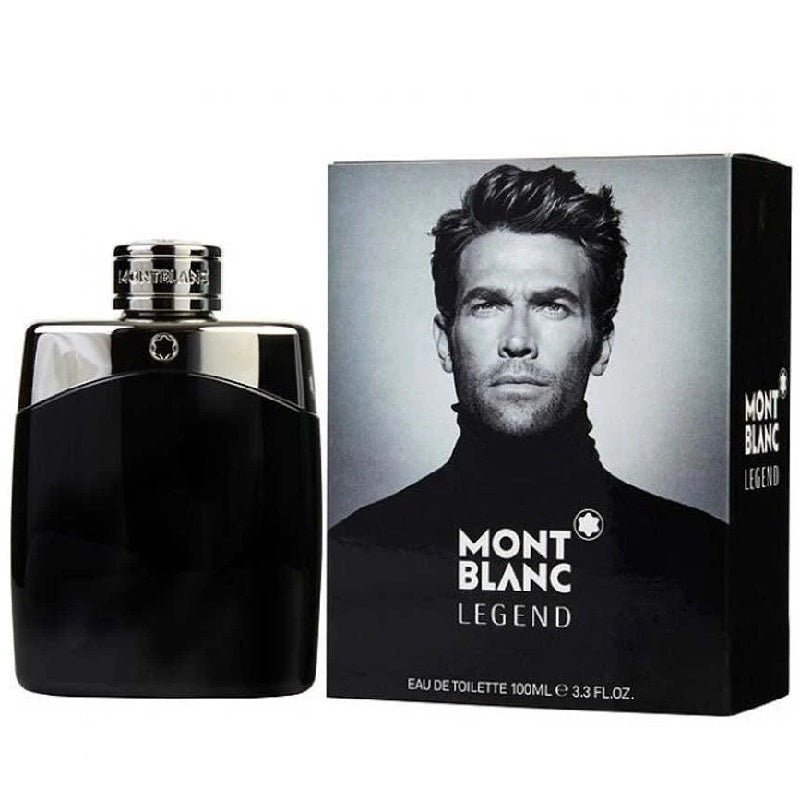 Montblanc Legend Men 100ml 3 Piece Gift Set Eau de Toilette opened to display the fragrance and included grooming products on a white background.