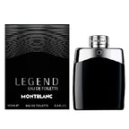 The product image shows the packaging and bottle of Legend Men - 100ml Eau de Toilette by Mont Blanc. The packaging is predominantly black with a sleek design, and the bottle is also black with a clear glass top and a silver cap.