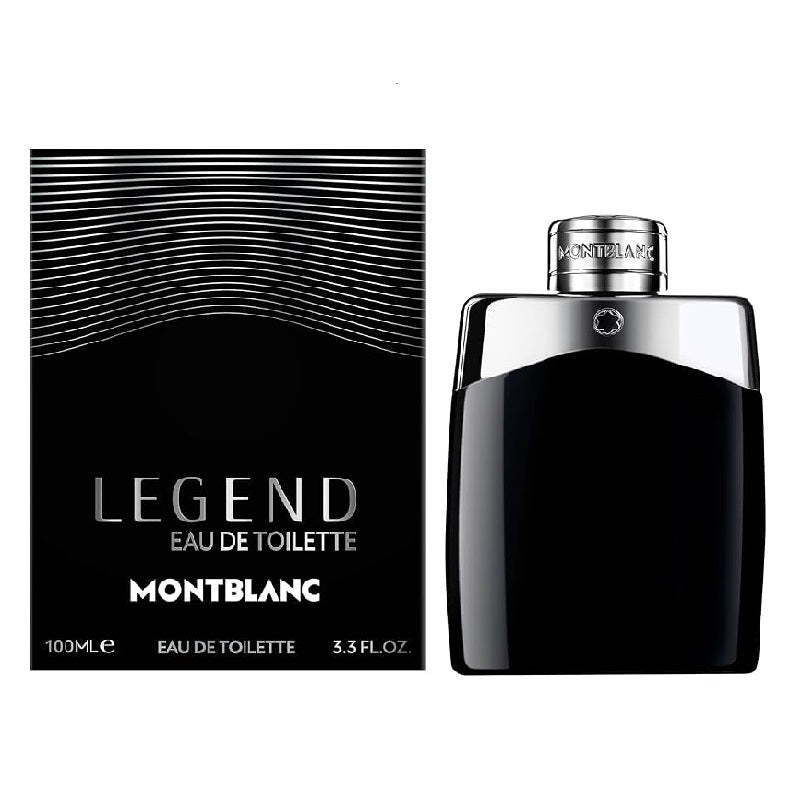 The product image shows the packaging and bottle of Legend Men - 100ml Eau de Toilette by Mont Blanc. The packaging is predominantly black with a sleek design, and the bottle is also black with a clear glass top and a silver cap.