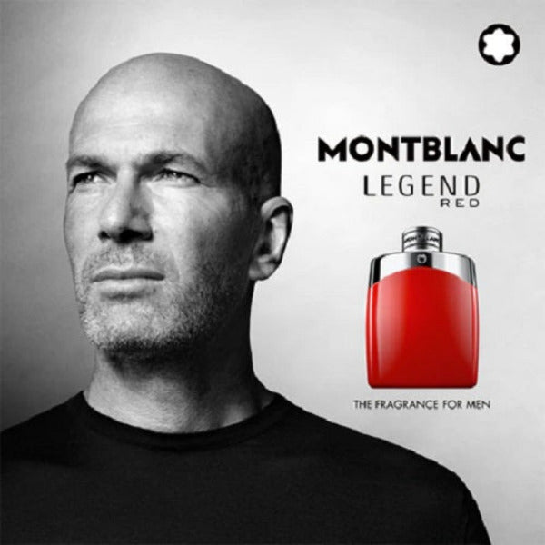 Montblanc Legend Red perfume bottle with a black and white portrait of a man on a gray background