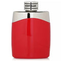 A red colored bottle of Mont Blanc Legend Red Men Eau de Parfum with a silver cap.