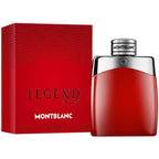 A red colored bottle of Legend Red Men- 100ml Eau De Parfum by Mont Blanc, with a clear glass container and a silver cap, accompanied by its red box.