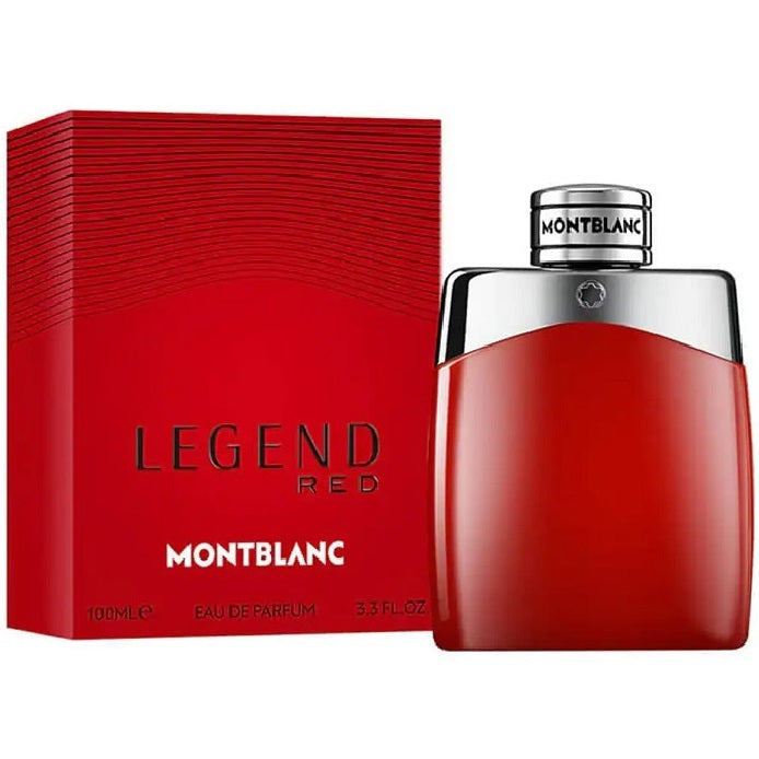 A red colored bottle of Legend Red Men- 100ml Eau De Parfum by Mont Blanc, with a clear glass container and a silver cap, accompanied by its red box.