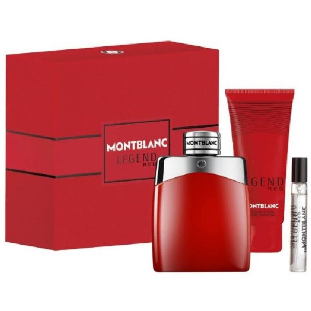 Mont Blanc Legend Red Men's fragrance set including a 100ml EDP bottle, a 7.5ml travel spray, and a 100ml shower gel, all packaged in a red box.