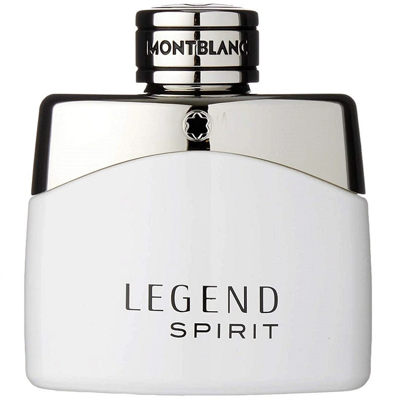 A bottle of Mont Blanc Legend Spirit Men Eau de Toilette with a white label and a silver cap.