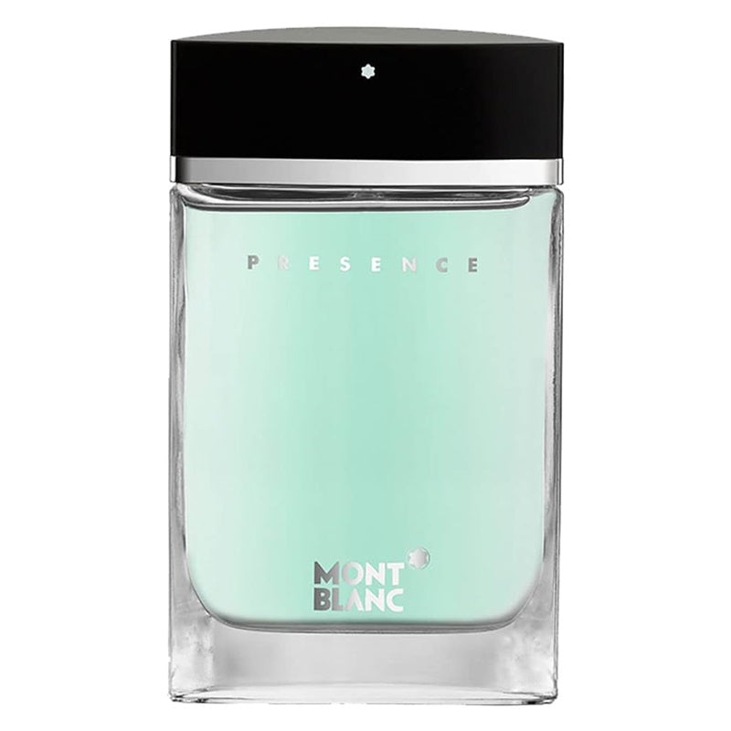 Montblanc Presence Eau de Toilette bottle with a light mint green gradient liquid inside a clear glass bottle, featuring a black cap with a silver band and a small white Montblanc star logo.