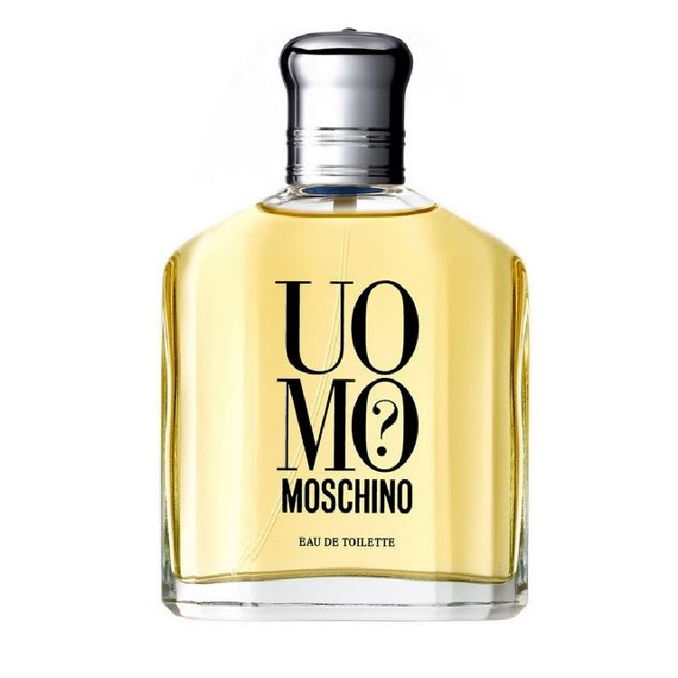 A bottle of 'Uomo? Moschino (75ml) Eau de Toilette by Moschino with a clear yellowish liquid visible inside. The label displays the name 'UOMO' prominently in black letters against a transparent background.
