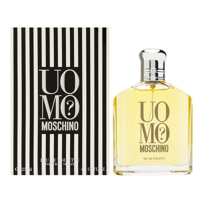 Pack Image: Moschino Uomo? 75ml Eau de Toilette bottle and presentation box on a white background.