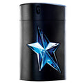 A black rubber flask with a prominent blue star design on the front, labeled as A*Men Eau de Toilette by Mugler.