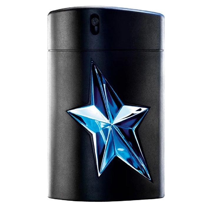 A black rubber flask with a prominent blue star design on the front, labeled as A*Men Eau de Toilette by Mugler.