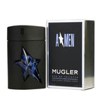 A*Men Rubber Flask eau de toilette by Mugler, black bottle with a blue star-shaped cap, next to its box.