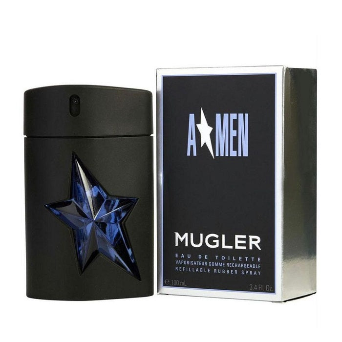 A*Men Rubber Flask eau de toilette by Mugler, black bottle with a blue star-shaped cap, next to its box.