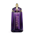 A purple, refilable perfume bottle of Alien by Mugler with a gold-colored cap and the name 'ALIEN' inscribed on the front.