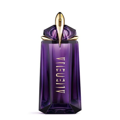A purple, refilable perfume bottle of Alien by Mugler with a gold-colored cap and the name 'ALIEN' inscribed on the front.