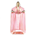 Pink perfume bottle with gold cap on a white background