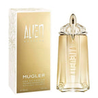 Perfume bottle and packaging on a plain background