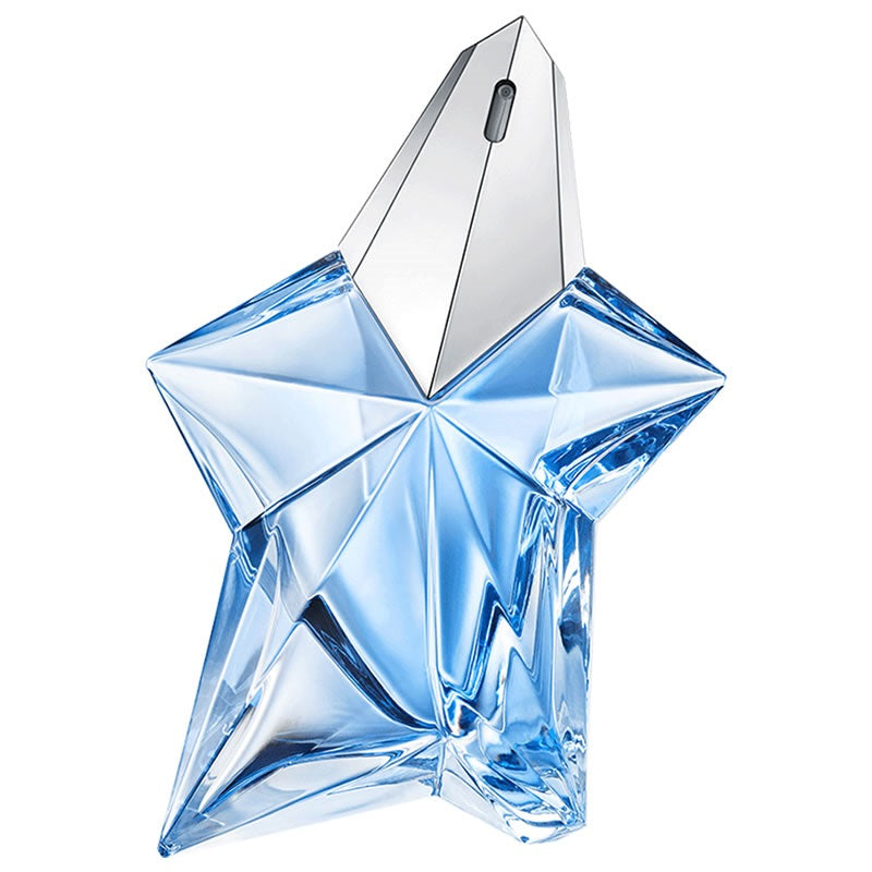 A glass star-shaped bottle of Angel (50ml) Eau de Parfum by Mugler with a blue hue and a silver cap.