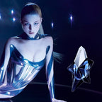 Woman in silver outfit with a metallic object against a dark background