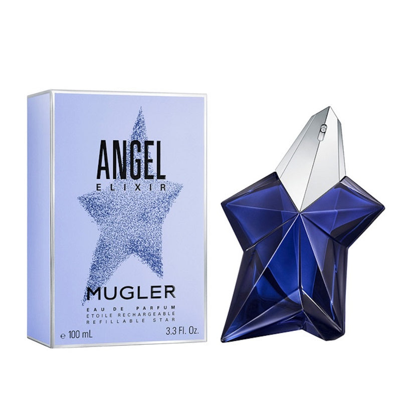 Blue star-shaped perfume bottle with packaging on a white background