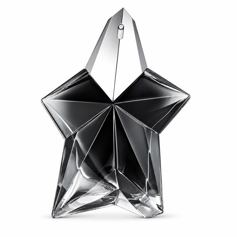 Mugler Angel Fantasm 100ml Eau de Parfum refillable black star-shaped bottle with faceted smoky glass and silver spray detailing on a clean white background