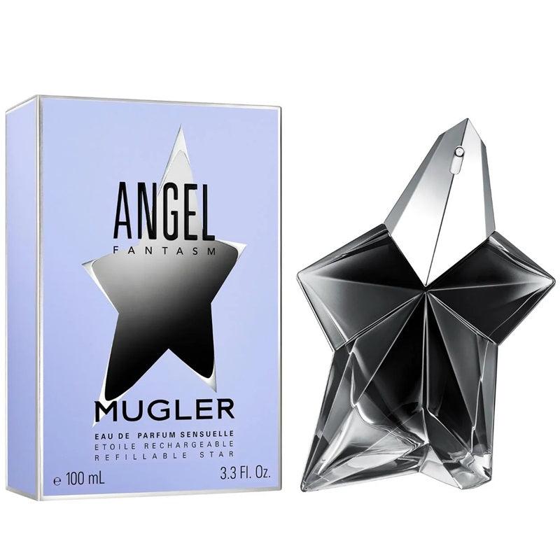 Angel Fantasm Mugler refillable star-shaped perfume bottle next to its light blue and silver packaging box.