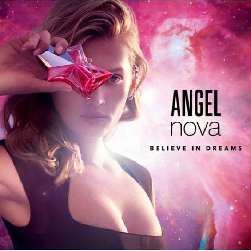 Model holding a pink and white perfume bottle against a cosmic background with 'Angel nova' branding.