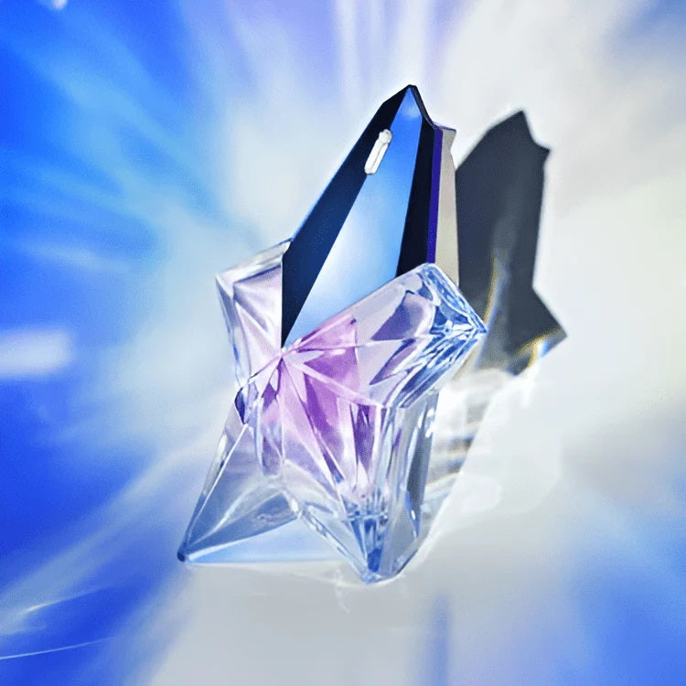 Crystal-like object with a blue and purple gradient on a blurred background