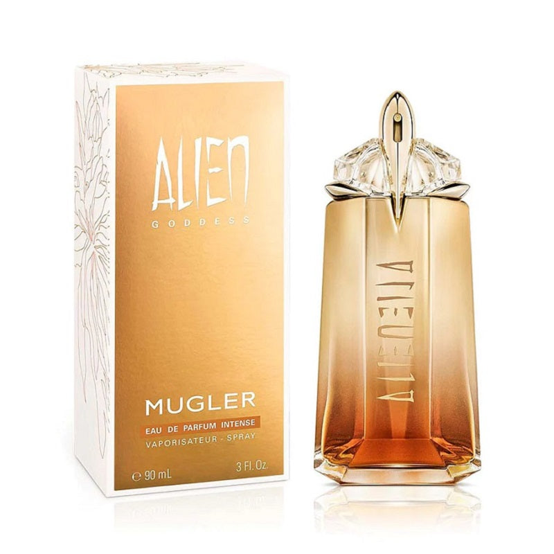 Mugler Alien perfume bottle and packaging on a white background