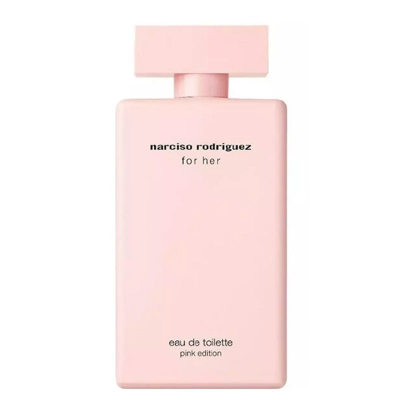 A pink bottle of Narciso Rodriguez for Her Eau de Toilette with a simple, elegant design.