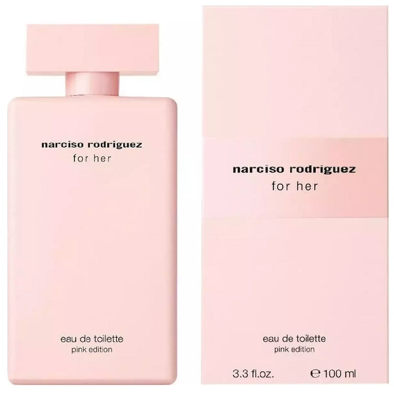 Pink perfume bottle and packaging on a white background