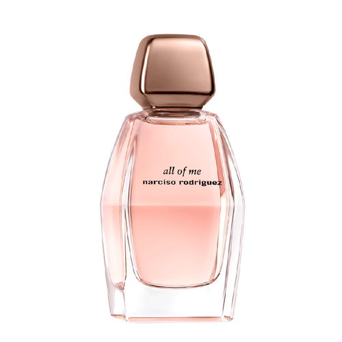 A glass bottle of Narciso All Of Me eau de parfum with a rose gold cap.
