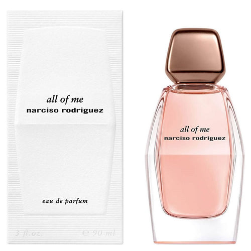 Perfume bottle and packaging labeled 'all of me' by Narciso Rodriguez on a white background.