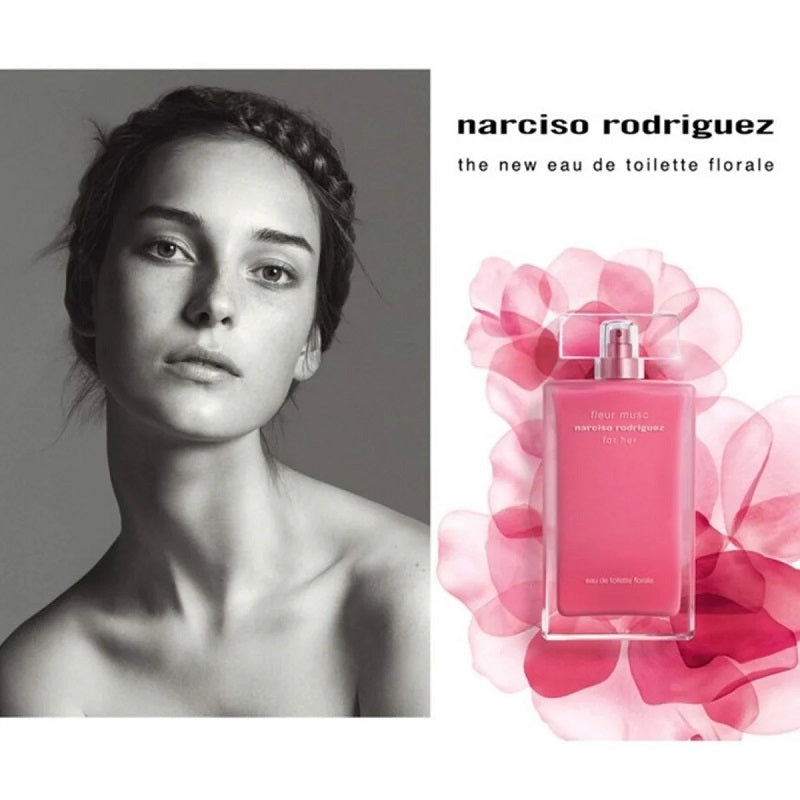 Narciso Rodriguez perfume bottle with a woman's portrait on a gray background