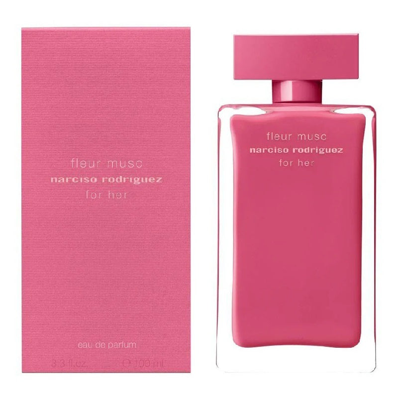 Pink perfume bottle and packaging of 'fleur musc' by Narciso Rodriguez on a white background