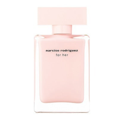A pink bottle of Narciso Rodriguez for Her Eau de Parfum with a simple, elegant design.