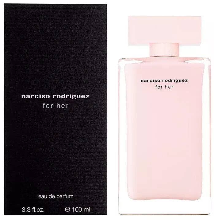 Pink perfume bottle and black packaging on white background