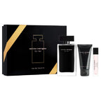 A gift set of Narciso Her by Narciso Rodriguez, including a 100ml bottle of eau de toilette, a 10ml travel spray, and a 50ml scented body lotion, all packaged in a black box with gold accents.