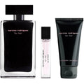 Set of Narciso Rodriguez perfume and body products on a white background
